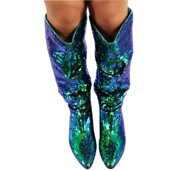 Mermaid sequin slouchy cowboy knee high boot - Picture 3 of 6
